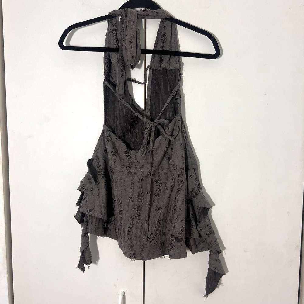 Edikted Halter Top Womens XS Grey Distressed Tiered Shredded Ruffle Grunge Y2K - Picture 2 of 8